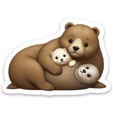 tiny white seal laying on a big brown bear’s belly sticker