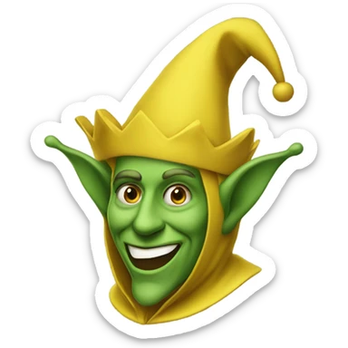 A yellow medieval jester who is wearing green sticker