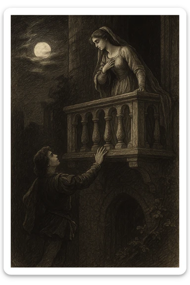 Romeo and Juliet on a balcony at night, Juliet above, Romeo below, moonlit scene, dramatic and passionate, classic illustration style sticker