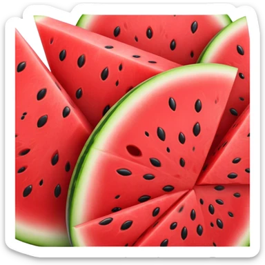 Cinematic juicy watermelon, thick slices revealing vibrant red interior, glossy and glistening with tiny black seeds, fresh and refreshing, soft glowing background, summer vibes. sticker