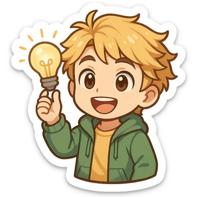 bright and expressive male visionary, fair skin, tousled golden hair, wide joyful eyes, wearing a green hoodie over a yellow tee, one hand raised with a glowing lightbulb, waist-up, front-facing sticker