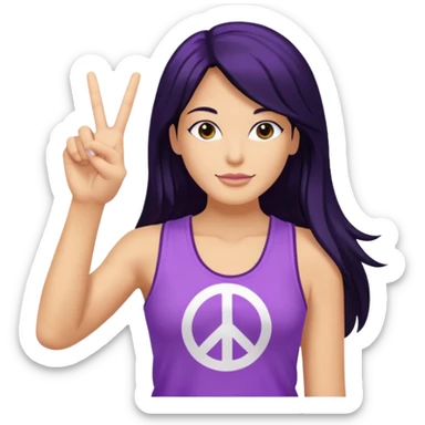 white woman in y2k purple tank top, long black hair, making a peace sign sticker