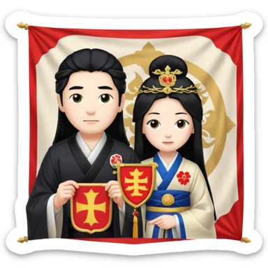 Japanese Castle Lord, Lord standing before a Japanese castle backdrop, holding a banner with family crest. sticker