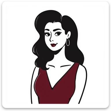 Sophisticated woman in her 30s with bright complexion, defined features, almond eyes with bold eyeliner and notable lashes, medium-thick eyebrows, straight elegant nose, thick bright red lips, voluminous dark straight hair with soft waves at ends, wine red velvet V-neck dress sticker
