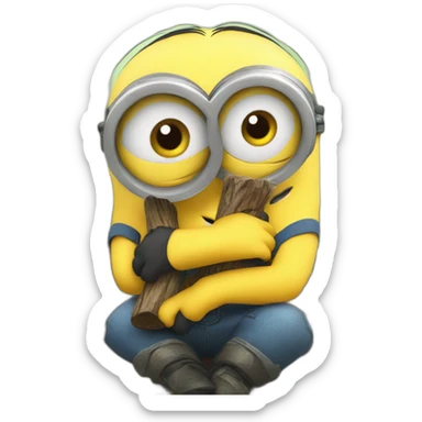 minion cute sitting on a bench and hugging a log sticker