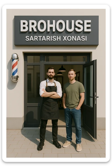 eni shu rasimga boyagi sartaosh oka eshik oldida tursin va tashqarida esa mijoz sticker