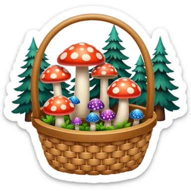 Basket with Psychedelic mushrooms and forest objects sticker