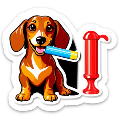 Dachshund playing with a pez dispenser  sticker
