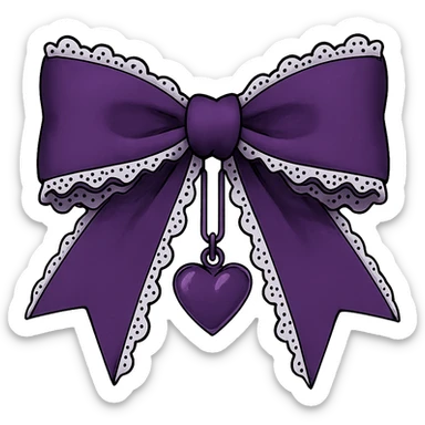 Purple gothic bow with white lace trim and heart charm, remove background sticker
