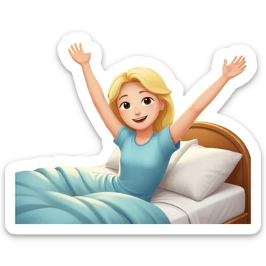 a person waking up early, stretching in bed with sunlight coming through the window, cheerful and fresh sticker