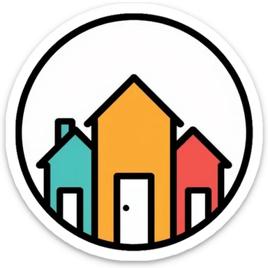 Community of houses in a circle, minimalist homelessness support logo sticker