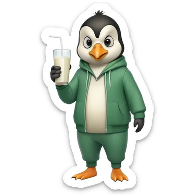 full body portrait of a friendly anthropomorphised penguin wearing a green mafia-style tracksuit, angry, intense brooding posture, holding a glass of milk sticker
