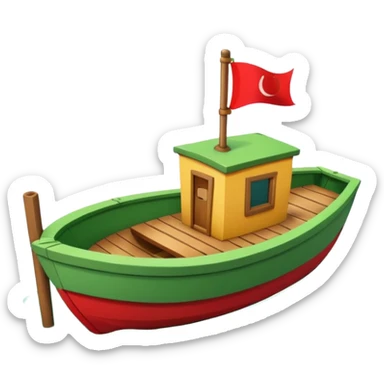 green boat in cartoon having a small place to live and a small red flag on it sticker