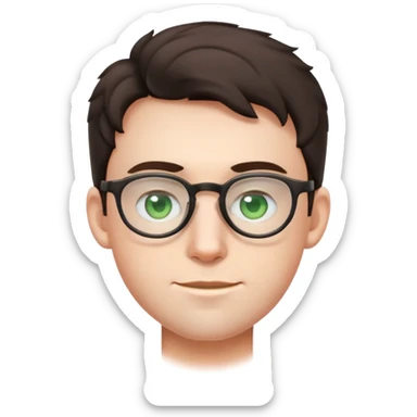 young male emoji with youthful face, poofier slightly curly dark hair, big ears, pale skin, glasses, green eyes, very light stubble sticker