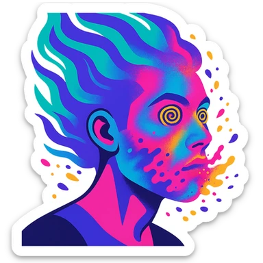 surreal portrait of a person with neon skin, face dissolving in an explosion of colors, airbrush effect, hair as swirling liquid color streams like northern lights, hypnotic spiral eyes, geometric elements along face contour, paint particles flying away, acid purple, turquoise, and electric pink blending, sense of movement sticker