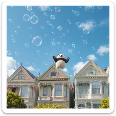 cinematic still of a group of panda bears in bubbles drifting above San Francisco’s painted ladies, sunny day, lively colors, joyful energy, rainbow accents sticker