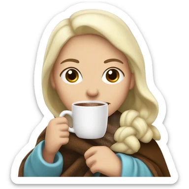 white blonde Woman with blanket holding a hot chocolate  sticker