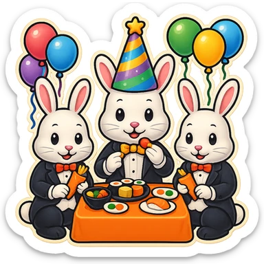 Add a fourth bunny so there are four bunnies together, all clearly visible, eating sushi at a birthday party, keep the festive emoji style, preserve the background transparency. sticker