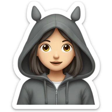 Fille Brune avec un sweat-capuche Totoro gris foncé avec les rond clair de Totoro sur ventre  sticker
