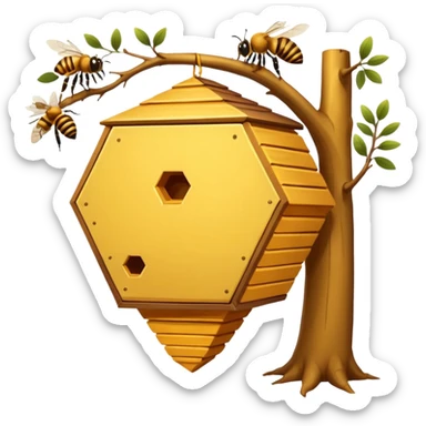 A small hive nestled between tree branches with worker bees. sticker