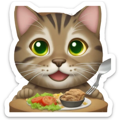 A brown tabby cat with green eyes eating dinner sticker