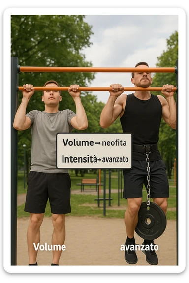 Due atleti fianco a fianco in un parco attrezzato: a sinistra il neofita che fa 10 trazioni leggere con concentrazione, a destra l’atleta avanzato con cintura zavorrata che fa 3 ripetizioni lente e pesanti. Tra loro, grafico sospeso in aria che mostra: 'Volume → neofita | Intensità → avanzato'. Stile realistico con elementi educativi visivi in italiano sticker