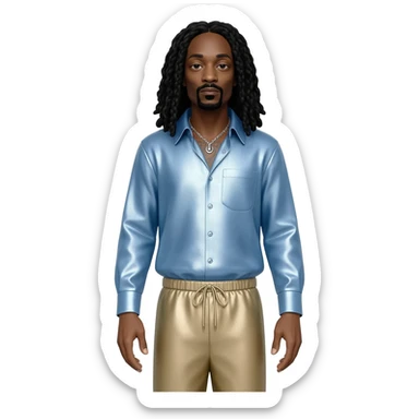 Snoop Dogg with long black hair, light blue metallic shirt, beige metallic harem pants, silver necklace sticker