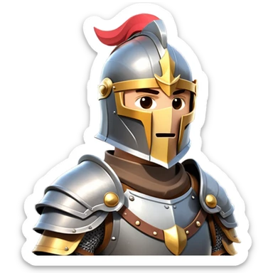 clash-of-clans-aesthetic_-cinematic-fearsome-and-majestic-knight-bust-portrait-emoji, rendered in a flat, vector-style with minimal shading and bold, simplified shapes typical of emoji art, depicting a battle-ready medieval knight standing, mounted on a heavily armored warhorse with plated barding gleaming in the sunlight. sticker