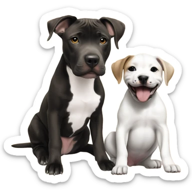 Black mouth cur puppy next to black and white smiling pit bull sticker