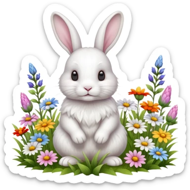 A fluffy white rabbit sitting in a meadow full of colorful flowers, ultra-realistic, high detail, soft morning light sticker