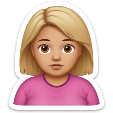 Tan skin color kind of fat woman with dirty blond hair brown roots and brown eyes with a pink shirt sticker