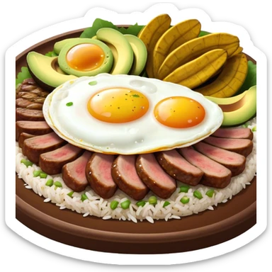 Cinematic Realistic Bandeja Paisa Dish Emoji, depicted as a hearty platter featuring beans, rice, meat, and plantains rendered with detailed textures and vibrant, robust lighting. sticker