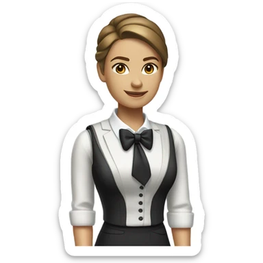 a caucasian female butler with a professional and elegant demeanor. She has her hair neatly tied in a ponytail and wears a classic butler uniform, including a tailored vest, crisp white shirt, and bow tie. sticker