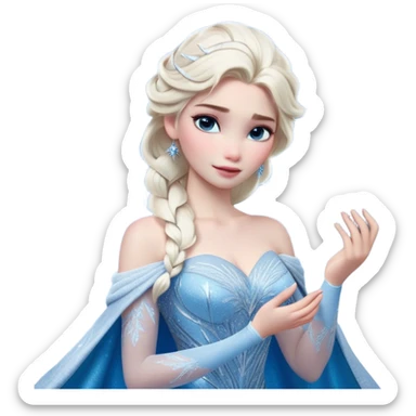 Cinematic Realistic Elsa Portrait, depicted with lifelike skin texture, soft natural lighting, and intricately detailed platinum blonde hair styled elegantly. Her striking, expressive blue eyes exude confidence and grace, complemented by a serene and regal expression. She holds a shimmering snowflake delicately in one hand, her other hand resting against her gown, embodying the power and beauty of winter. She is dressed in her signature icy attire, with shimmering fabric textures and delicate folds that catch the light beautifully. The portrait features a soft, enchanting glow with a cool, radiant finish, capturing the essence of timeless elegance in a realistic and painterly style. sticker