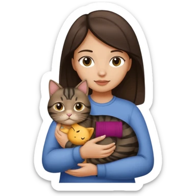 Brunette girl with light tan skin holding a fat black tabby cat sticker