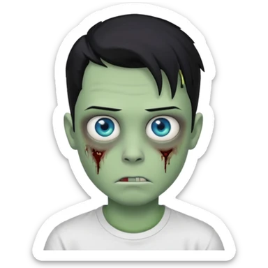 boy zombie with blue eyes and slick back middle part black hair green skin and white t shirt greasy hair more slicked back sticker
