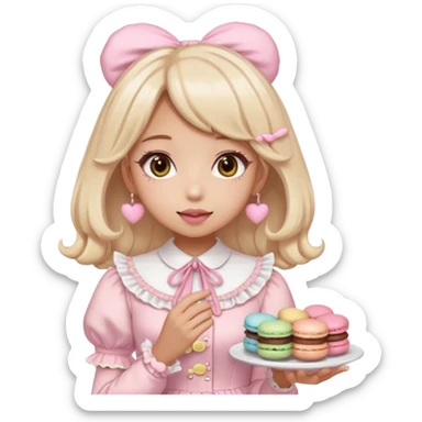 a light pink lolita hime gyaru dress with a macaron in hand, emoji style sticker