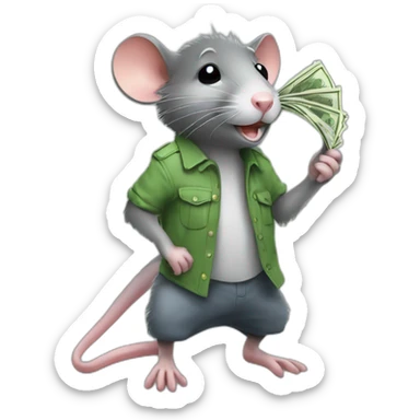 rat holding money and with crocs on his feet sticker