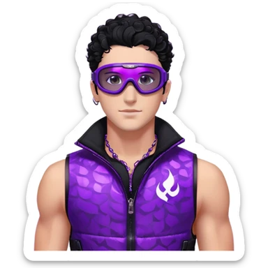 male athlete with white skin and moderately curly black hair on top with shaved sides, wearing ski goggles with purple frames and very dark black lenses, a simple plain black chain necklace, and a completely unzipped sleeveless vest with purple and black sequin fire pattern design, fully revealing his chest, shoulders and arms, no earrings sticker