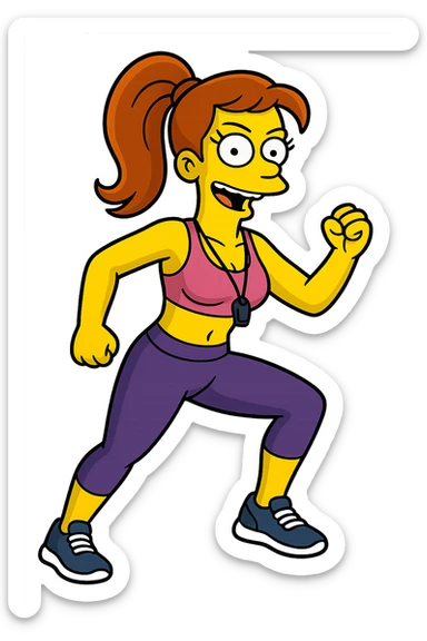 female fitness trainer, clear Simpsons cartoon style sticker