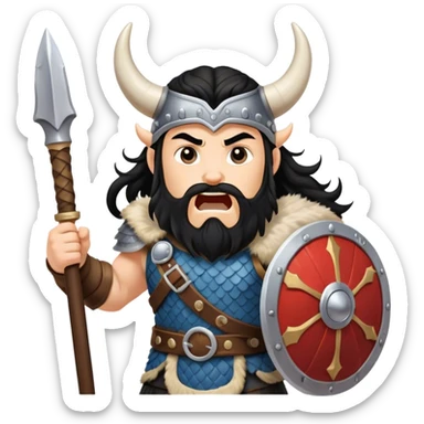 vikingo con armadura de Asgard, con cuerno de vaca, pelo negro ondulado, de pie, grito de guerra en torre de Asgard. sticker