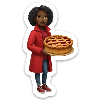 Black girl in a red coat holding a bright red apple pie sticker