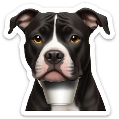 Black pitbull with white stripe on nose drinking coffee sticker