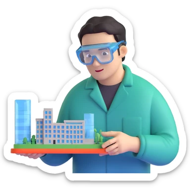 man making a model of a building wearing transparent protective safety glasses sticker