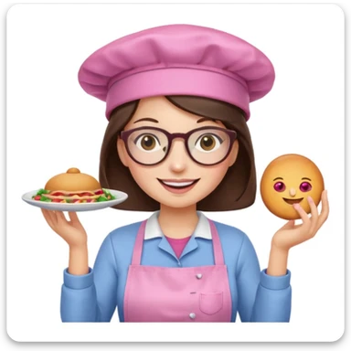 brunette girl with glasses and a pink kitchen hat cooking, smiling and presenting a dish, emoji style sticker