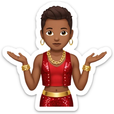 Bobby Brown with dark brown hair, red sequin bolero crop top, red sequin harem pants, shirtless with necklace sticker