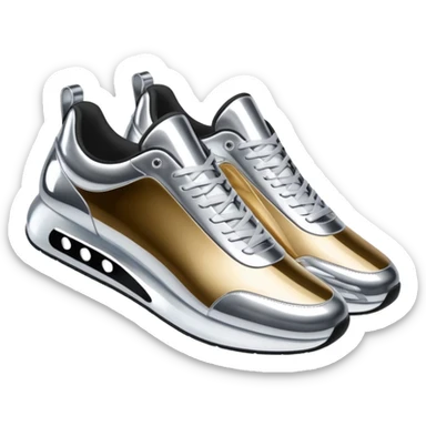 A pair of futuristic sneakers emoji made of silver chrome, sleek streetwear design, smooth metallic panels, subtle reflections, luxury swag aesthetic, iOS emoji style, centered, clean white background sticker