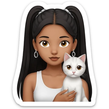 An brown skin Teenager girl with brown eyes, long black hair in one high ponytail, with a white crop top holding her grayish-white cat, and small silver earrings sticker