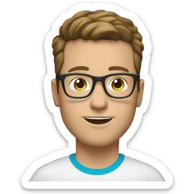 white young man with blue eyes and brown hair and square glasses wearing green t-shirt with laptop sticker