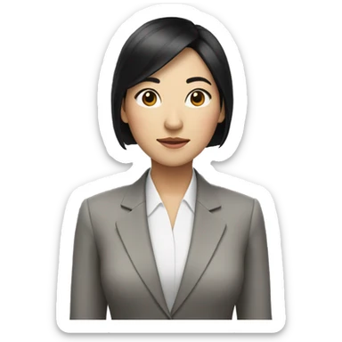 an Asian woman with black hair, suit, PC sticker